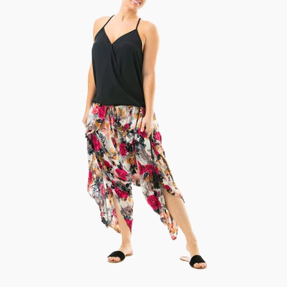 Flap Harem Pant Open Side Tasseled Drawstring Yoga Travel Beach Floral Pink Kira - Picture 8 of 12